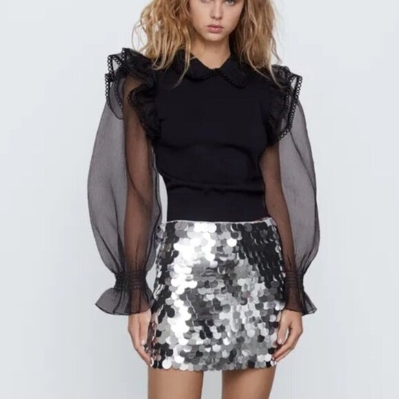 Zara Contrast Organza Sweater Small Puff Sheer Sleeves Collar Witchy Goblin Goth - Picture 1 of 16